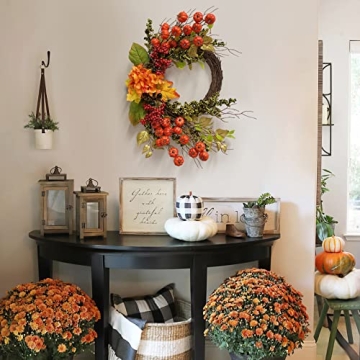 Fall Decor - Fall Wreaths for Front Door - 20 Inch Mini Pumpkins Berries Wreath - Decorations for Autumn Thanksgiving Harvest Farmhouse Home Outdoor Indoor Window Wall