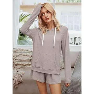 KIRUNDO Womens 2021 Winter Two Piece Pajama Set Long Sleeves Solid PJ Drawstring Belt Hoodie Shorts with Pockets (Medium, Gray)