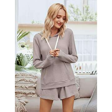 KIRUNDO Womens 2021 Winter Two Piece Pajama Set Long Sleeves Solid PJ Drawstring Belt Hoodie Shorts with Pockets (Medium, Gray)