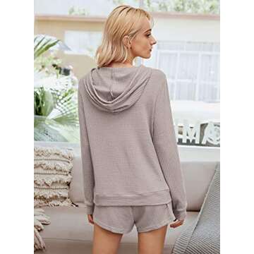 KIRUNDO Womens 2021 Winter Two Piece Pajama Set Long Sleeves Solid PJ Drawstring Belt Hoodie Shorts with Pockets (Medium, Gray)