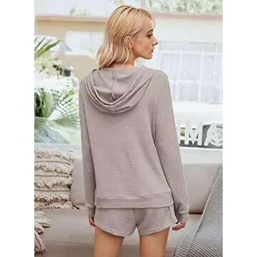 KIRUNDO Womens 2021 Winter Two Piece Pajama Set Long Sleeves Solid PJ Drawstring Belt Hoodie Shorts with Pockets (Medium, Gray)