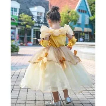 TYHTYM Belle Costumes Dress Up Party Girls Princess Cosplay Halloween Kids Ball Gown 2-13Years Gold
