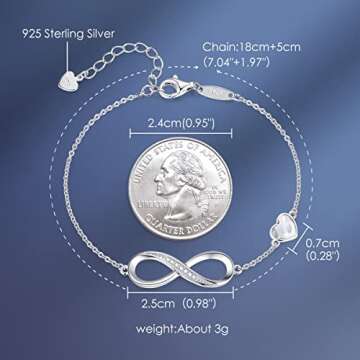 CDE Infinity Heart Symbol Charm Link Bracelet for Women 925 Sterling Silver Adjustable Mother's Day Gift Anniversary Jewelry Christmas Birthday Gifts for Wife Girlfriend Her