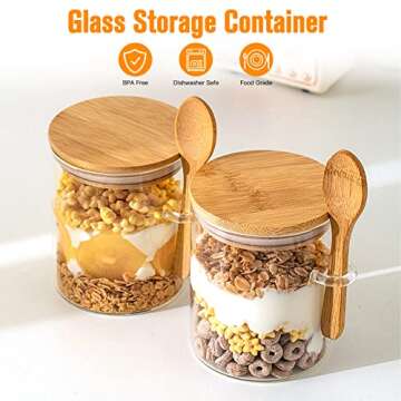 Hwawhin 4 Pack Airtight Glass Jars with Bamboo Lid & Spoons, 19 OZ Glass Food Storage Jars Borosilicate Glass Canisters for Coffee Bean, Sugar, Storage, Dry Goods, Cookie, Candy, Tea, Spices and More