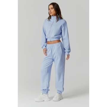 QINSEN Fleece 2 Piece Tracksuit for Women Full Zip Crop Coat High Waist Sweatpants Sweatsuit Oversized Loungewear Sky Blue S