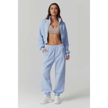 QINSEN Fleece 2 Piece Tracksuit for Women Full Zip Crop Coat High Waist Sweatpants Sweatsuit Oversized Loungewear Sky Blue S