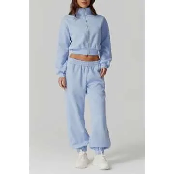 QINSEN Fleece 2 Piece Tracksuit for Women Full Zip Crop Coat High Waist Sweatpants Sweatsuit Oversized Loungewear Sky Blue S