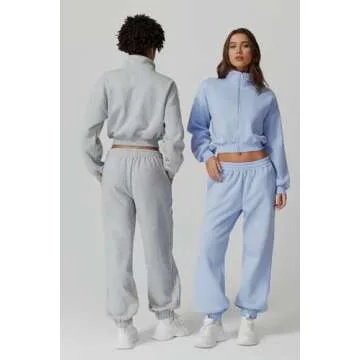 QINSEN Fleece 2 Piece Tracksuit for Women Full Zip Crop Coat High Waist Sweatpants Sweatsuit Oversized Loungewear Sky Blue S