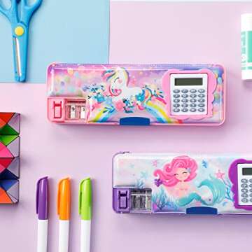 Henoyso 2 Pcs Multifunctional Pencil Box for Girls Cute Pencil Case Plastic Pencil Case with Calculator and Pencil Sharpener Pencil Pouch Gifts(Unicorn, Mermaid)