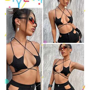 Rave Star Top for Women - EDC Festival Sexy Halter Party Dance Bra Backless Strappy Crisscross Wrap Tie Outfits(Black,S,1078a)