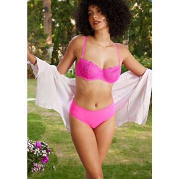 DOBREVA Women's Sexy Lace Bra Underwire Balconette Unlined Demi Sheer Plus Size Neon Pink 34E