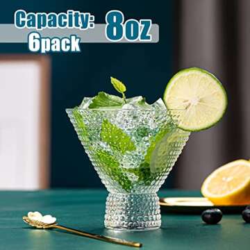 wookgreat Martini Glasses, Set of 6 Vintage Cocktail Glasses, 8oz Crystal Stemless Margarita Glasses...