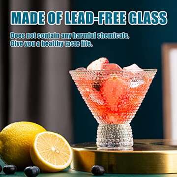 wookgreat Martini Glasses, Set of 6 Vintage Cocktail Glasses, 8oz Crystal Stemless Margarita Glasses, Heavy Base Glassware for Martini, Cocktail, Margarita, Cosmopolitan, Pisco Sour, Brandy, Manhattan