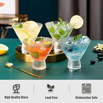 wookgreat Martini Glasses, Set of 6 Vintage Cocktail Glasses, 8oz Crystal Stemless Margarita Glasses, Heavy Base Glassware for Martini, Cocktail, Margarita, Cosmopolitan, Pisco Sour, Brandy, Manhattan