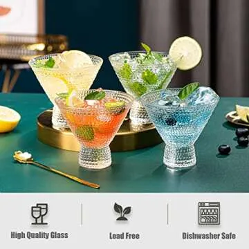 wookgreat Martini Glasses, Set of 6 Vintage Cocktail Glasses, 8oz Crystal Stemless Margarita Glasses, Heavy Base Glassware for Martini, Cocktail, Margarita, Cosmopolitan, Pisco Sour, Brandy, Manhattan