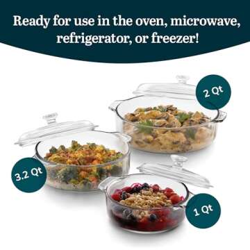 Libbey 56030 Baker's Basics 3-Piece Covered Casserole Dishes, Versatile Glass Baking Dishes for Oven...
