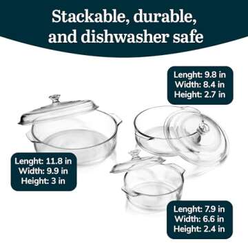 Libbey 56030 Baker's Basics 3-Piece Covered Casserole Dishes, Versatile Glass Baking Dishes for Oven, Clear Lead-Free Casserole Cookware