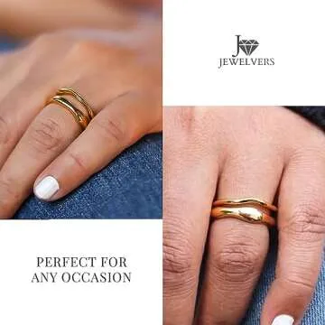 JewelVerse 18K Gold Plated Irregular Ring For Women | Gold Rings For Women | Stackable Rings | Classic Simple Wedding Band Ring Size 6-10 (9, Both Rings)