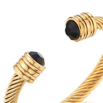 COOLSTEELANDBEYOND Men Women Steel Gold Color Twisted Cable Cuff Bangle Bracelet with Black Resin Beads, Adjustable