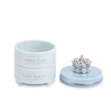 First Tooth and Curl Soft Blue 4 x 3 Ceramic and Pewter Baby Keepsake Box, 1 Count (Pack of 1)
