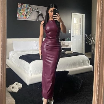 XLLAIS Women's Faux PU Leather Bodycon Maxi Dress