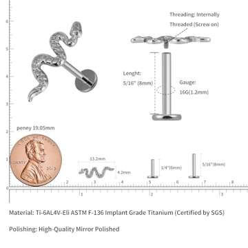 FINE4U 16G Snake Piercing Jewelry for Conch, Tragus, Helix - ASTM F136 Titanium Hypoallergenic Carti...