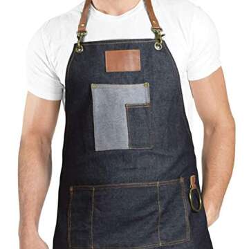 Betty Dain Brooklyn Denim, Cotton-Blend Apron, Adjustable Leather Straps, Front Pockets With Ample Storage, Machine Washable, One Size Fits Most, Blue