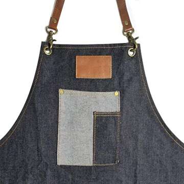 Betty Dain Brooklyn Denim, Cotton-Blend Apron, Adjustable Leather Straps, Front Pockets With Ample Storage, Machine Washable, One Size Fits Most, Blue