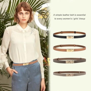 Ovekaut Women Skinny Leather Belt Solid Color Alloy Turn Lock Adjustable Waistband for Dresses Jeans Coats (Red-Gold)