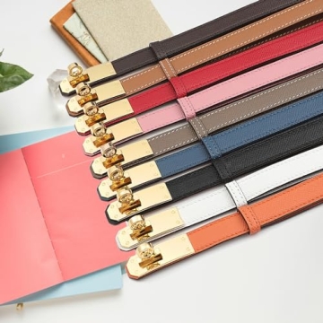 Ovekaut Women Skinny Leather Belt Solid Color Alloy Turn Lock Adjustable Waistband for Dresses Jeans Coats (Red-Gold)