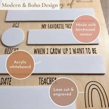 Bon et Beau 9x12 Inch First Day of School Board – Birch Wood Back to School Sign Photo Prop, Reusable Dry Erase White Board