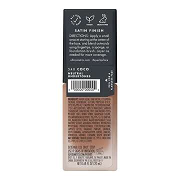e.l.f. Flawless Satin Foundation, Lightweight & Medium Coverage, Semi-Matte Finish, Vegan & Cruelty-Free, Coco, 0.68 Fl Oz (20mL)
