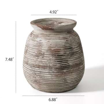 Ceramic Rustic Farmhouse Flower Vase Whitewashed Terra Cotta Decorative Pottery Vintage Terracotta Textured Vases Mantel Shelf Living Room Table Centerpieces for Home Decor
