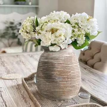Ceramic Rustic Farmhouse Flower Vase Whitewashed Terra Cotta Decorative Pottery Vintage Terracotta Textured Vases Mantel Shelf Living Room Table Centerpieces for Home Decor