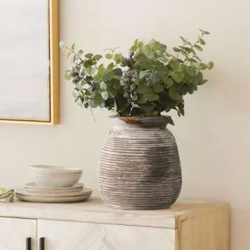 Ceramic Rustic Farmhouse Flower Vase Whitewashed Terra Cotta Decorative Pottery Vintage Terracotta Textured Vases Mantel Shelf Living Room Table Centerpieces for Home Decor