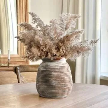 Ceramic Rustic Farmhouse Flower Vase Whitewashed Terra Cotta Decorative Pottery Vintage Terracotta Textured Vases Mantel Shelf Living Room Table Centerpieces for Home Decor