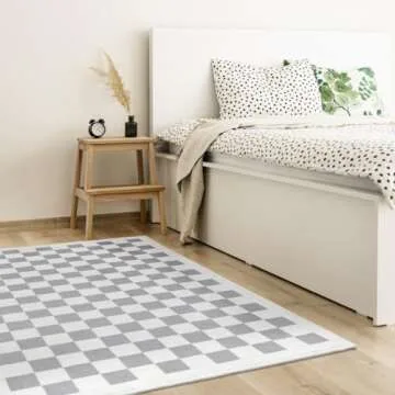 TRUEDAYS Washable Rug for Home Decor 4x6 Grey Neutral Checkered Rug Square Soft Area Rug with Non-Slip Low Pile Gray Checkered Rug Floor Cover Indoor Carpet for Living Room/Dining Room/Bedroom