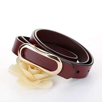 Women's Leather Belts Durable Waist Belt Oval Solid Gold Buckle Waistband For Pants, Jeans, Burgundy...