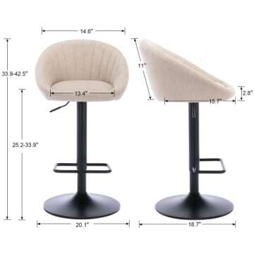 Beige Fabric Bar Stools Set of 2 Swivel Adjustable Counter Height Barstools with Back Modern Upholst...