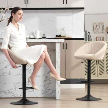 Beige Fabric Bar Stools Set of 2 Swivel Adjustable Counter Height Barstools with Back Modern Upholstered Stool Chair for Kitchen Island Home Bar Pub Terrycloth Fabric
