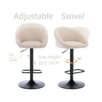 Beige Fabric Bar Stools Set of 2 Swivel Adjustable Counter Height Barstools with Back Modern Upholstered Stool Chair for Kitchen Island Home Bar Pub Terrycloth Fabric