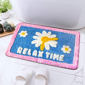 GOURIDA Cute Daisy Non-Slip Bath Rug Mat - 15.7x23.6 Blue