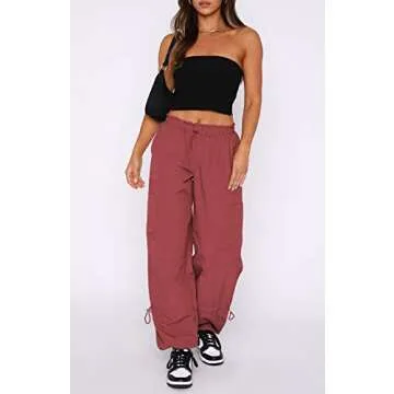 DISCIPBUSH Cargo Pants Women Baggy - Parachute Pants for Women, Rave Y2K Festival Outfits Brick Red L