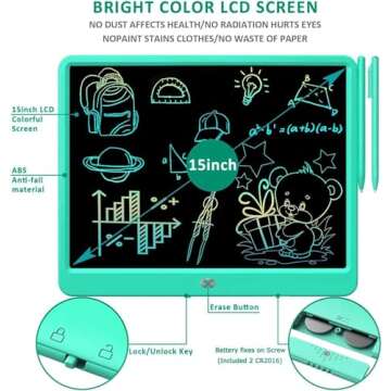 FLUESTON LCD Writing Tablet, Doodle Board Toys Gifts for 3-8 Year Old Girls Boys, 15 Inch Colorful Electronic Board Drawing Pad for Kids, Gifts for Toddler Educational Learning Travel Birthday, Green