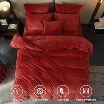 SE SOFTEXLY Velvet Red Duvet Cover King Size, Soft Flannel Duvet Cover with Zipper Solid Breathable ...