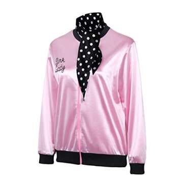 ZIFUNMUR 1950s Pink Satin Jacket with Neck Scarf