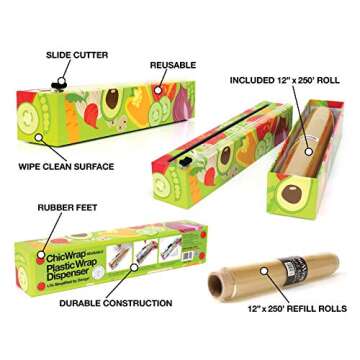 Chicwrap Veggies Refillable Plastic Wrap Dispenser - Includes 12" x 250' Roll Professional Grade Disposable Plastic Wrap - Reusable Dispenser w/Slide Cutter - Ideal Dispenser & Saves Money