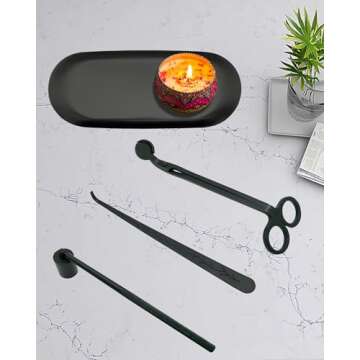 YOUTUOY 4 in1 Candle Accessory Set with Storage Tray Plate, Candle Wick Trimmer, Candle Wick Snuffer, Candle Wick Dipper, Great for Scented Candles Lovers (Matte Black)