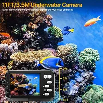 Underwater Cameras, 4K Waterproof Digital Camera 48 MP Autofocus Function Selfie Dual Screens with 16X Digital Zoom Compact Portable 11FT Underwater Camera for Snorkeling, 2 Battery(Black)
