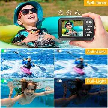 Underwater Cameras, 4K Waterproof Digital Camera 48 MP Autofocus Function Selfie Dual Screens with 16X Digital Zoom Compact Portable 11FT Underwater Camera for Snorkeling, 2 Battery(Black)